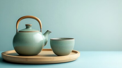 Fototapeta premium Serene teal teapot and cup on a bamboo tray.