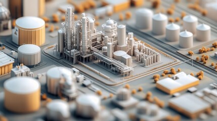A high-tech digital model of an industrial factory with a complex structural layout.
