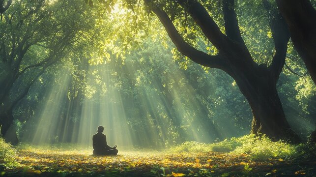 Meditating person basks in sunlit forest calm