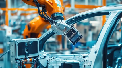 A robotic arm in an autonomous vehicle manufacturing plant, assembling autonomous vehicle sensors for collision detection, Auto-tech style