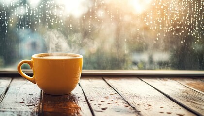 Fototapeta premium Hot Coffee on Rainy Day Resting on Wooden Table Still Life