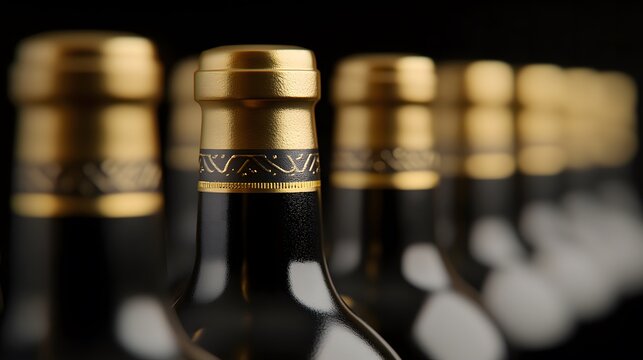 A row of wine bottles, softly lit, showcasing elegance and craftsmanship in a timeless display