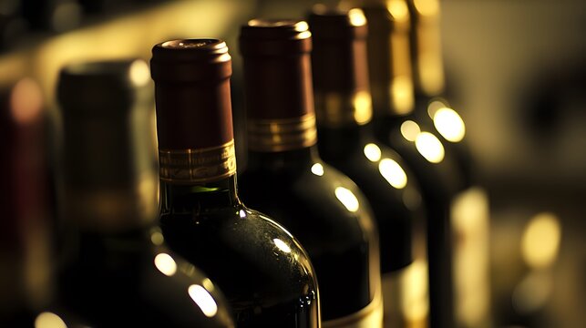 A row of wine bottles, softly lit, showcasing elegance and craftsmanship in a timeless display
