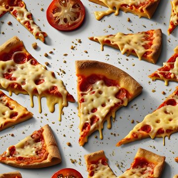 A crispy-crusted New York-style pizza slice overflowing with a generous helping of melted, gooey cheese, frozen in mid-air