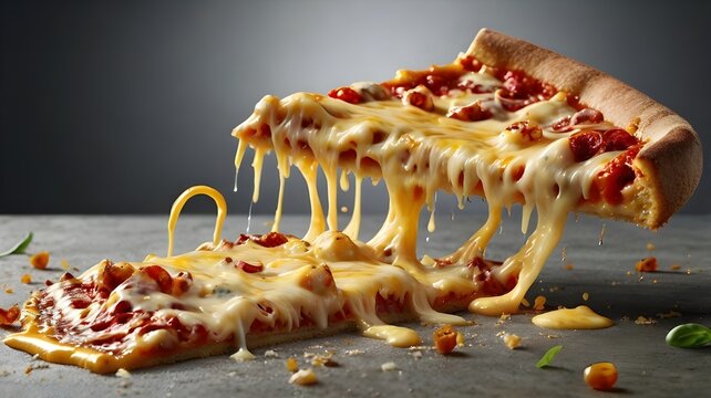 A crispy-crusted New York-style pizza slice overflowing with a generous helping of melted, gooey cheese, frozen in mid-air