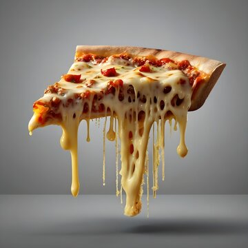 A crispy-crusted New York-style pizza slice overflowing with a generous helping of melted, gooey cheese, frozen in mid-air