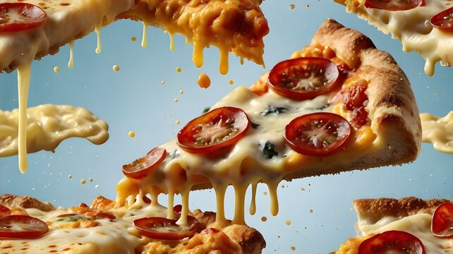 A crispy-crusted New York-style pizza slice overflowing with a generous helping of melted, gooey cheese, frozen in mid-air