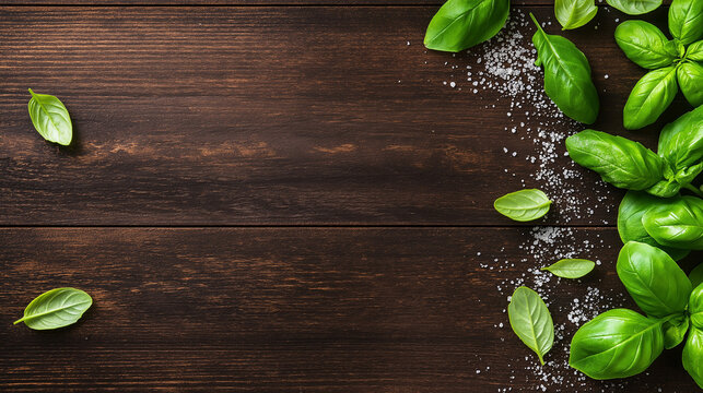 Basil and Salt on Wooden Table: A close-up shot showcasing fresh basil leaves and coarse sea salt artfully arranged on a rustic wooden table, exuding a sense of naturalness and culinary delight.
