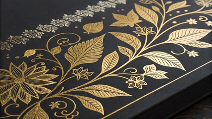 A close-up shot reveals a detailed and elegant gold floral design imprinted or embossed on a dark surface, possibly paper, leather, or fabric. 