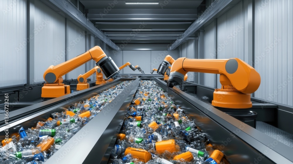 Poster a high-tech waste sorting facility using ai-powered robotic arms.