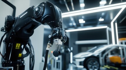 A robotic arm in an eco friendly production plant, assembling electric vehicle charging stations with AI precision for sustainable transportation, Eco-tech style