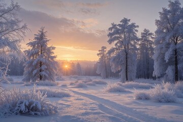 Fototapeta premium Winter Wonderland: Sunrise Over a Frosty Arctic Landscape with Snow-Draped Trees and Sparkling Woodlands