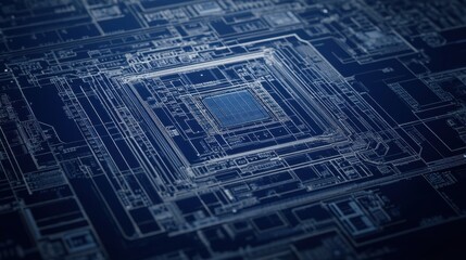 A hyper-detailed rendering of a futuristic CPU architecture blueprint.