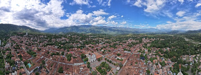 Santa Fe de Anquioquia Town and background mountain, aerial view drone