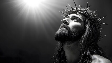 Jesus Christ Crown of Thorns Looking Upward in Dramatic Black and White