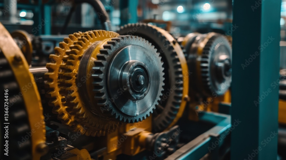 Poster a large industrial gearbox with exposed rotating gears in motion.