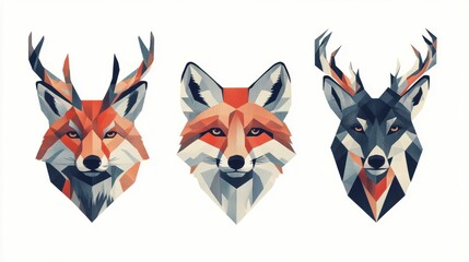 Geometric Animal Icons Featuring Fox, Wolf, and Deer