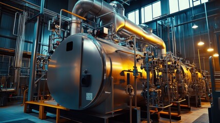 A large industrial boiler with mechanical valves and pressure release systems.