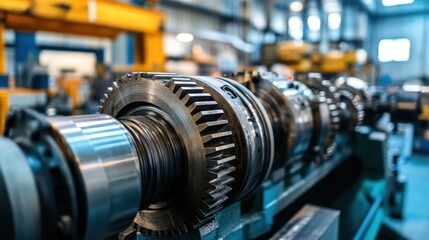 Fototapeta premium A large industrial gearbox with exposed rotating gears in motion.