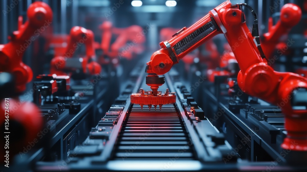 Poster a mechanical assembly line with conveyor belts and robotic precision.