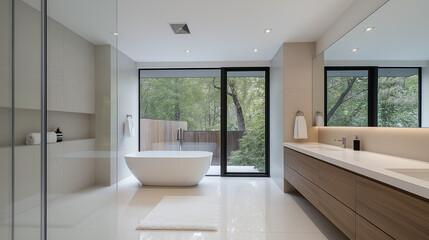 Fototapeta premium Luxury Bathroom Oasis: A modern bathroom with sleek design, featuring a freestanding bathtub, large windows, and minimalist decor. This tranquil space invites relaxation and rejuvenation.
