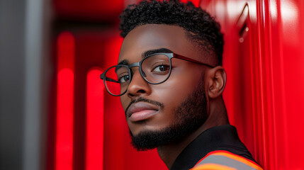 Portrait of a Young Man with Glasses Against a Red Background