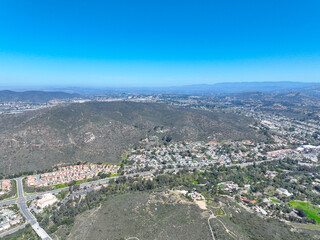 Aerial view houses and large middle class communities in Scripps and Poway in San Diego, South California, USA