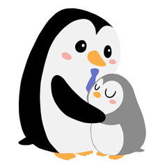 Penguin dad and him baby penguin isolated on white background. Fathers Day Holiday Parental Relationship.