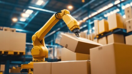 A robotic arm in an innovative packaging factory, assembling automated packing machines with AI precision for product distribution, Packaging-tech style