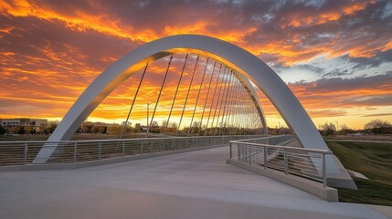 A modern steel bridge with an elegant arch design, captured at sunset with dramatic lighting.