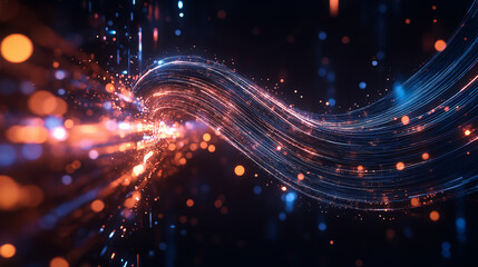 Fototapeta premium Dynamic Data Stream: An abstract, captivating visualization of digital data flowing, featuring luminous streams and particles of light in shades of blue and orange against a dark backdrop.