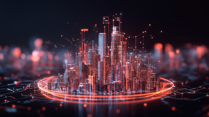 Obraz premium Futuristic Cityscape: A captivating, low-angle perspective showcases a mesmerizing futuristic cityscape, all ablaze with intricate neon lines, against a dark backdrop.