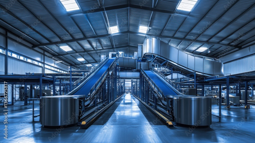 Poster a modern warehouse with conveyor belts and automated sorting systems.