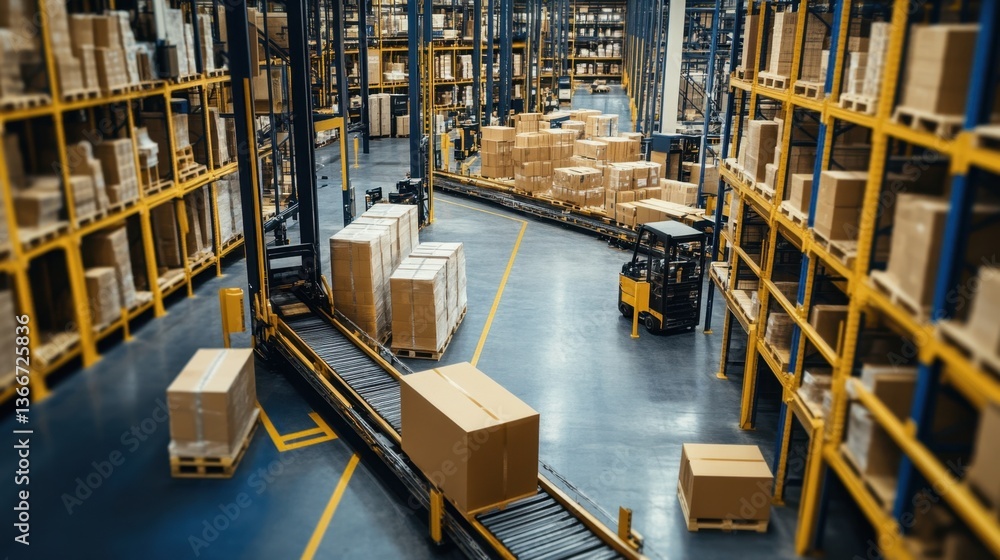 Poster a modern warehouse with conveyor belts and automated sorting systems.