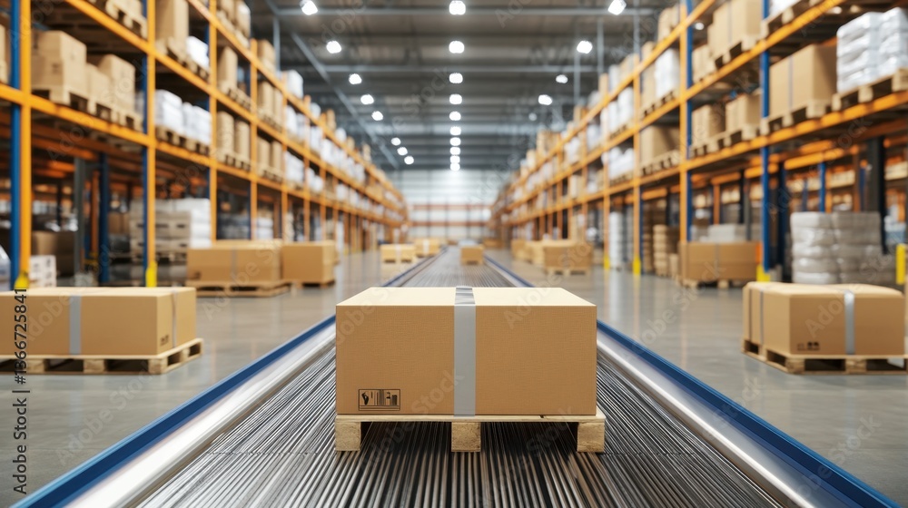 Aufkleber a modern warehouse with conveyor belts and automated sorting systems.