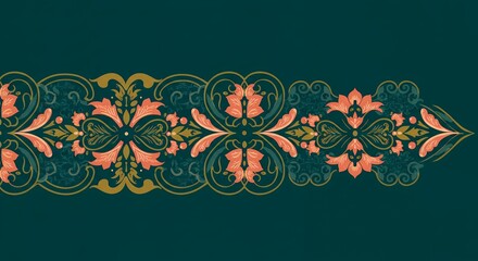 Ornate Floral Border Design with Peach and Gold Accents on Teal Background