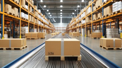 A modern warehouse with conveyor belts and automated sorting systems.