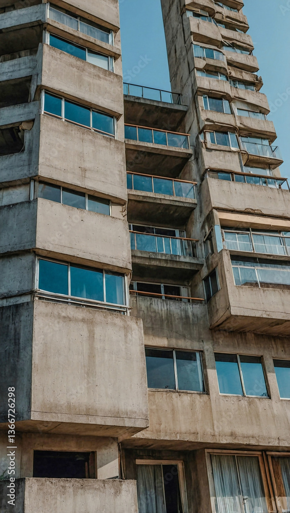 Poster close-up of a concrete building with multiple windows and geometric balconies