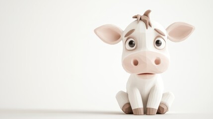 Fototapeta premium Adorable Low Poly White Calf with Brown Accents Sitting on White Background