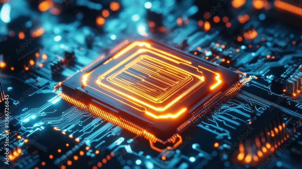 Poster a quantum computing chip glowing with futuristic electrical signals.
