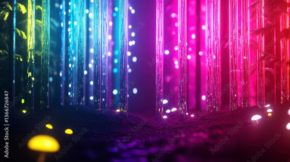 Poster a vibrant, illuminated abstract forest with colorful lights, creating a mystical and enchanting atmo