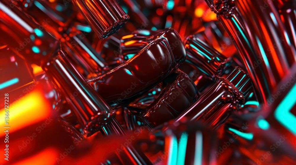 Poster abstract composition of glossy, reflective shapes in vibrant red and blue hues, showcasing a dynamic