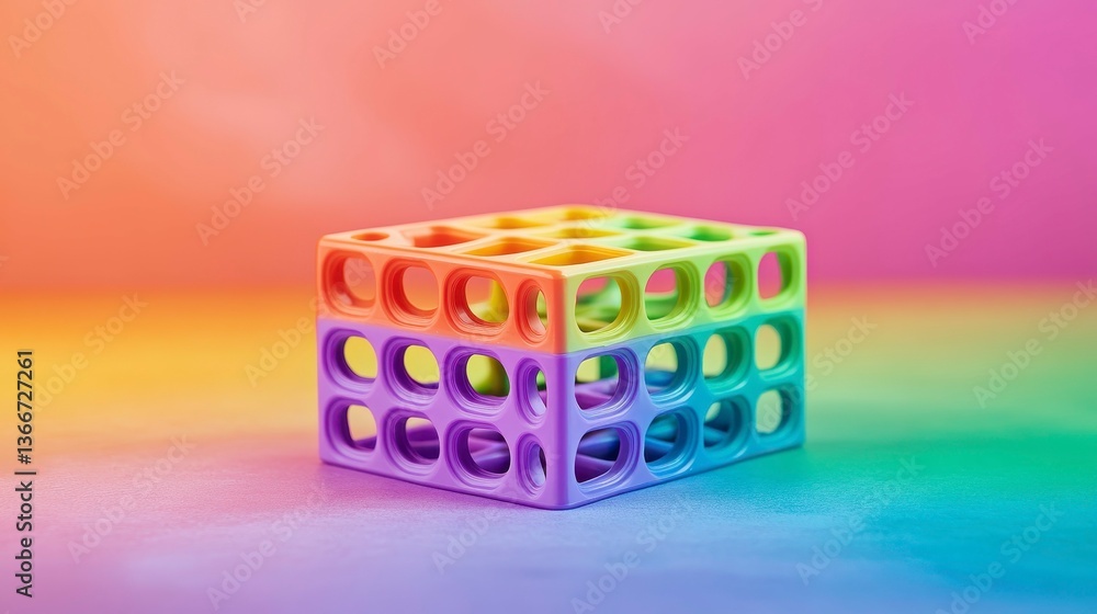 Poster colorful three-dimensional toy block with geometric cutouts displayed against a vibrant rainbow grad