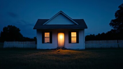 A tranquil evening scene of a charming house with a glowing front door amidst a serene landscape, evoking feelings of comfort and solitude.
