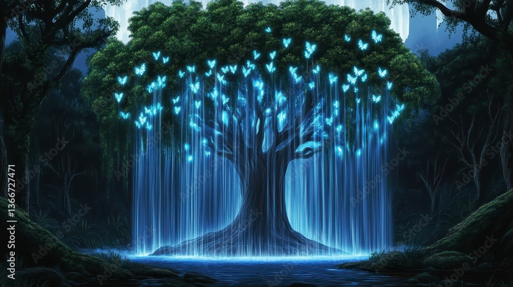 Poster a captivating mystical tree illuminated by glowing blue butterflies cascading down from a magnificen