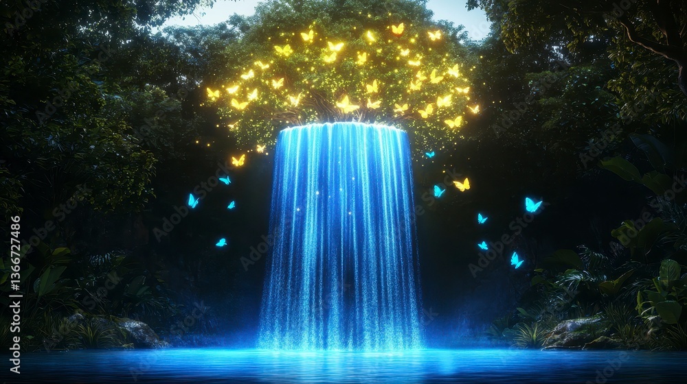 Poster a magical waterfall surrounded by glowing butterflies creating a serene and enchanting atmosphere in