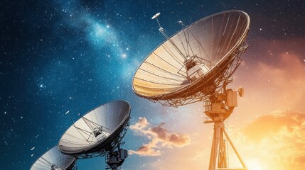 Obraz premium A satellite dish array receiving signals with a starry sky in the background.