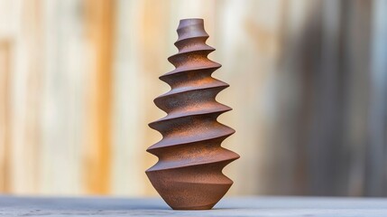Obraz premium A beautifully crafted spiraled ceramic vase showcasing intricate textures and earthy tones against a blurred background