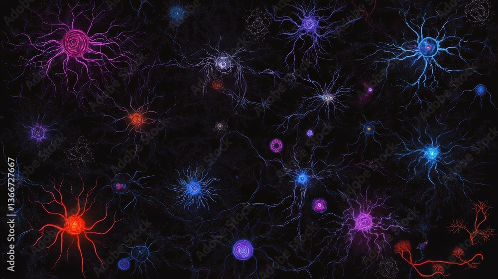 Poster a vibrant abstract representation of interconnected neurons and synapses in a cosmic space-like envi