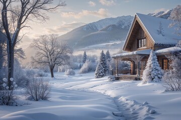 Obraz premium Cozy Winter Landscape Embracing the Beauty of Snow and Tranquility